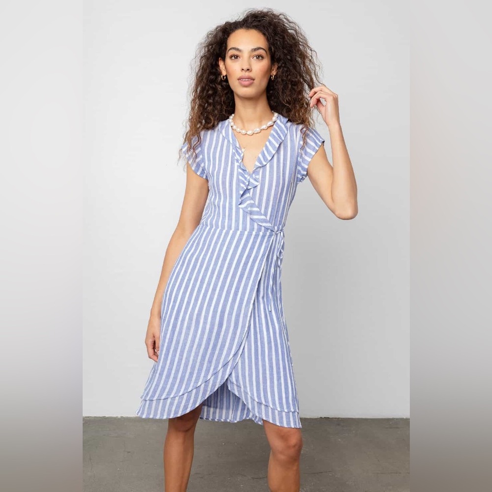RAILS NWT “Louisa Wrap Dress” White and Blue Stripe with Ruffle Neck